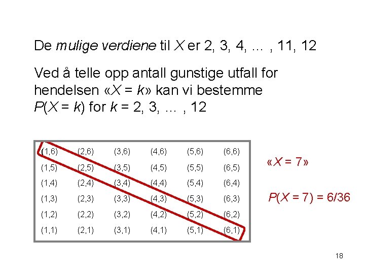 De mulige verdiene til X er 2, 3, 4, … , 11, 12 Ved