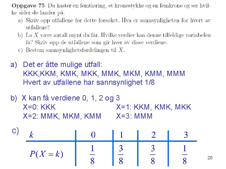 a) Det er åtte mulige utfall: KKK, KKM, KMK, MKK, MMK, MKM, KMM, MMM