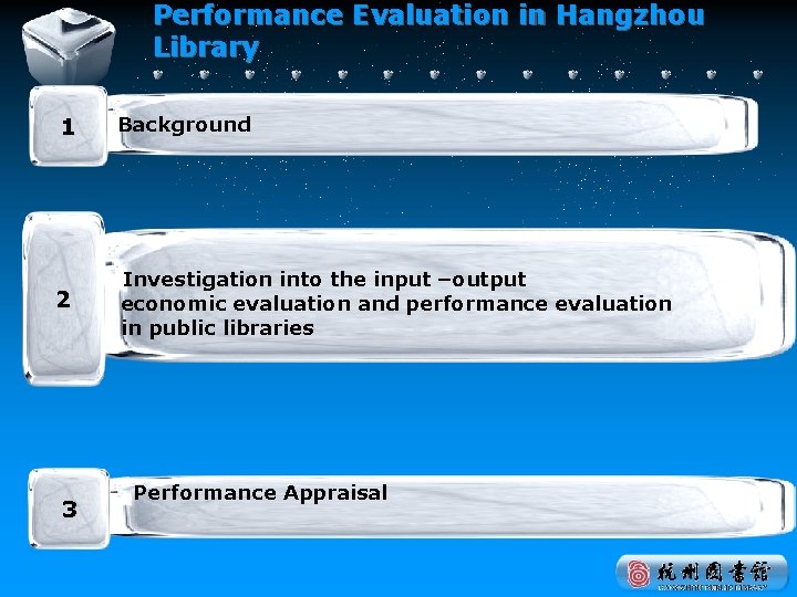 Performance Evaluation in Hangzhou Library 1 Background 2 Investigation into the input –output economic