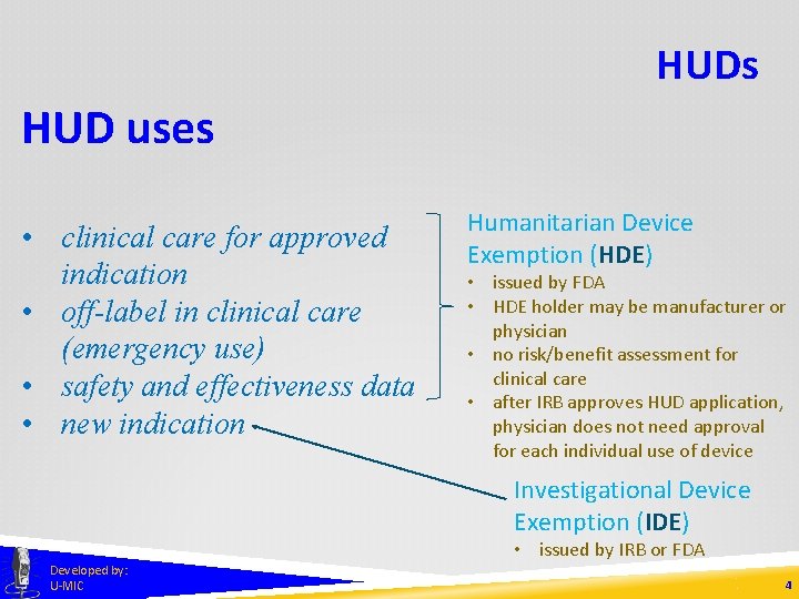 HUDs HUD uses • clinical care for approved indication • off-label in clinical care