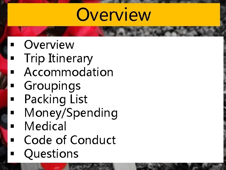 Overview § § § § § Overview Trip Itinerary Accommodation Groupings Packing List Money/Spending Overview § § § § § Overview Trip Itinerary Accommodation Groupings Packing List Money/Spending