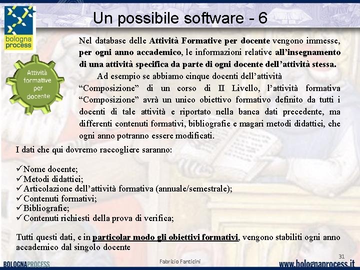 Un possibile software - 6 Nel database delle Attività Formative per docente vengono immesse,