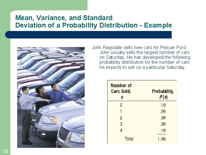 Mean, Variance, and Standard Deviation of a Probability Distribution - Example John Ragsdale sells