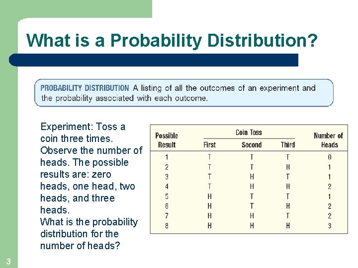 What is a Probability Distribution? Experiment: Toss a coin three times. Observe the number