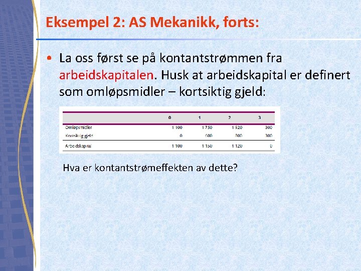 Eksempel 2: AS Mekanikk, forts: • La oss først se på kontantstrømmen fra arbeidskapitalen.