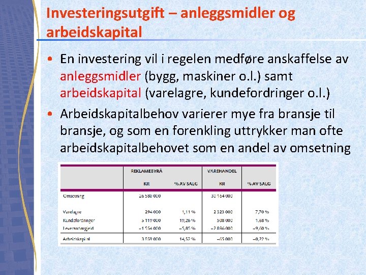 Investeringsutgift – anleggsmidler og arbeidskapital • En investering vil i regelen medføre anskaffelse av