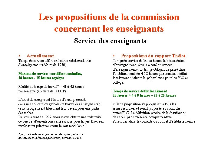 Les propositions de la commission concernant les enseignants Service des enseignants • Actuellement Temps