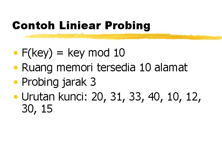 Contoh Liniear Probing • F(key) = key mod 10 • Ruang memori tersedia 10