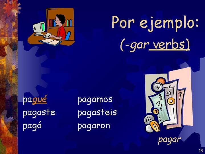 Por ejemplo: (-gar verbs) pagué pagaste pagó pagamos pagasteis pagaron pagar 18 