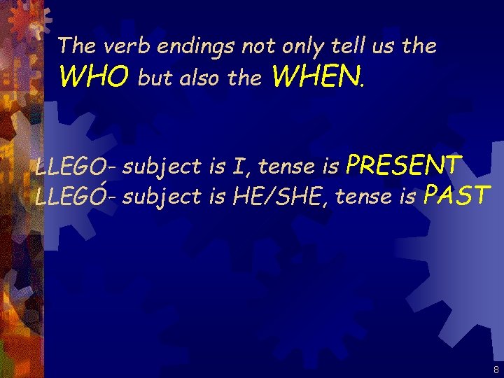 The verb endings not only tell us the WHO but also the WHEN. LLEGO-
