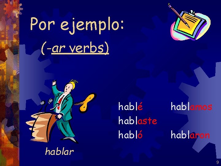 Por ejemplo: (-ar verbs) hablé hablaste habló hablamos hablaron hablar 9 