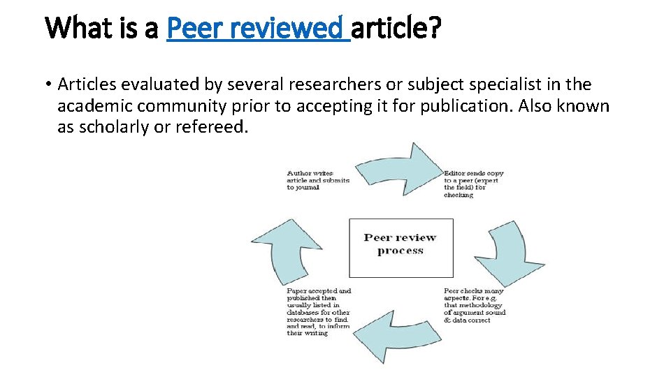 What is a Peer reviewed article? • Articles evaluated by several researchers or subject