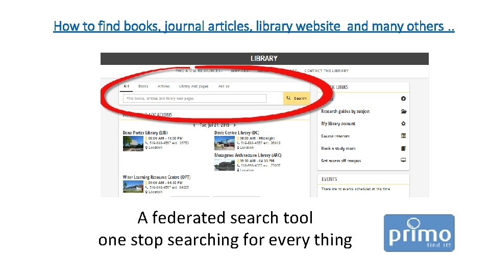 How to find books, journal articles, library website and many others. . A federated