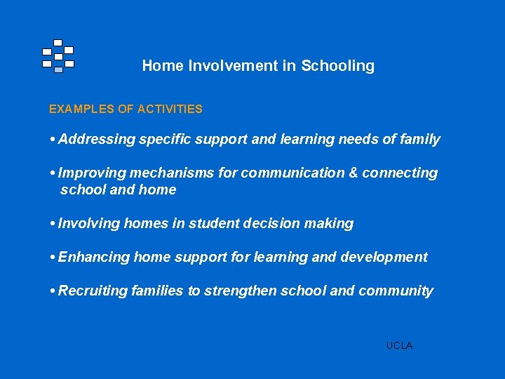 Home Involvement in Schooling EXAMPLES OF ACTIVITIES • Addressing specific support and learning needs
