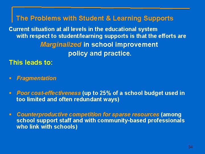 The Problems with Student & Learning Supports Current situation at all levels in the