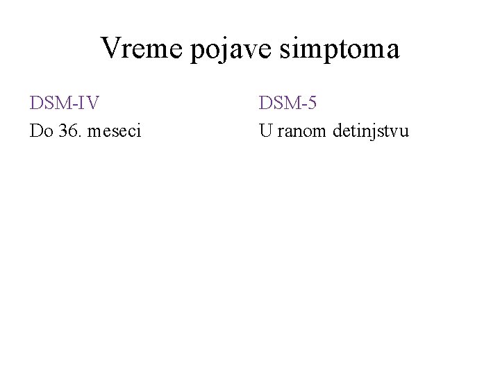 Vreme pojave simptoma DSM-IV Do 36. meseci DSM-5 U ranom detinjstvu 