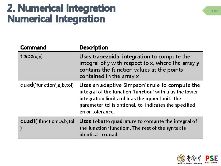 2. Numerical Integration Command Description trapz(x, y) Uses trapezoidal integration to compute the integral