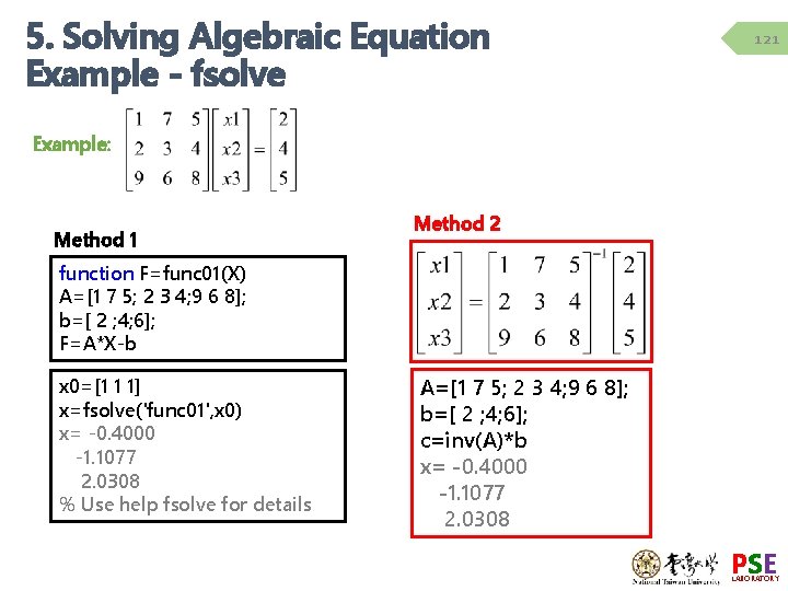 5. Solving Algebraic Equation Example - fsolve 121 Example: Method 1 Method 2 function