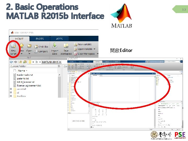 2. Basic Operations MATLAB R 2015 b Interface 12 開啟Editor PSE LABORATORY 