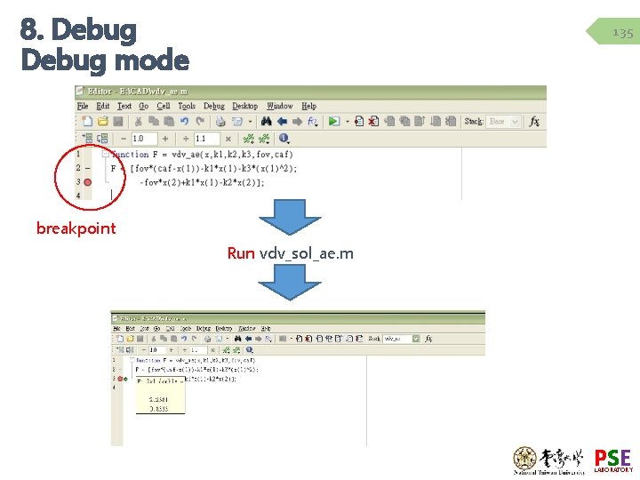 8. Debug mode 135 breakpoint Run vdv_sol_ae. m PSE LABORATORY 