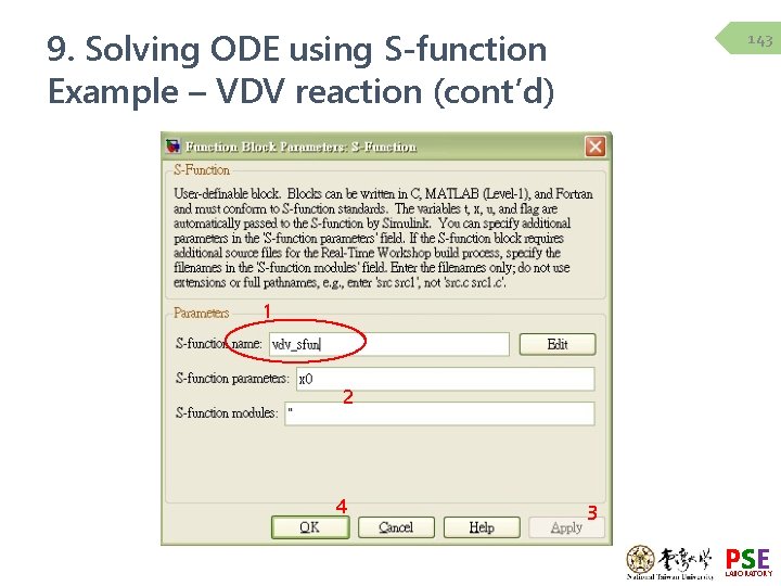 9. Solving ODE using S-function Example – VDV reaction (cont’d) 143 1 2 4