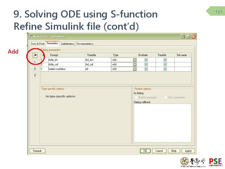 9. Solving ODE using S-function Refine Simulink file (cont’d) 151 Add PSE LABORATORY 