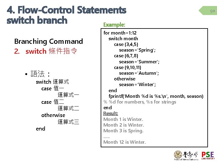 4. Flow-Control Statements switch branch Example: Branching Command 2. switch 條件指令 • 語法: switch 4. Flow-Control Statements switch branch Example: Branching Command 2. switch 條件指令 • 語法: switch