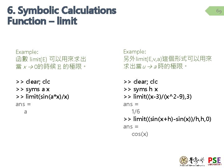 6. Symbolic Calculations Function – limit 69 Example: 函數 limit(E) 可以用來求出 當 x → 6. Symbolic Calculations Function – limit 69 Example: 函數 limit(E) 可以用來求出 當 x →