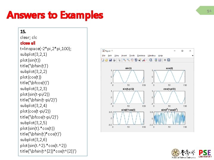 Answers to Examples 15. clear; clc close all t=linspace(-2*pi, 100); subplot(3, 2, 1) plot(sin(t)) Answers to Examples 15. clear; clc close all t=linspace(-2*pi, 100); subplot(3, 2, 1) plot(sin(t))