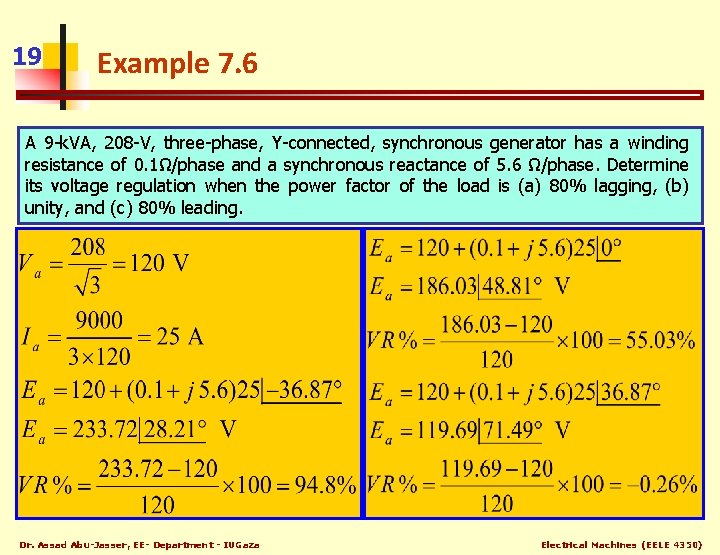 19 Example 7. 6 A 9 -k. VA, 208 -V, three-phase, Y-connected, synchronous generator
