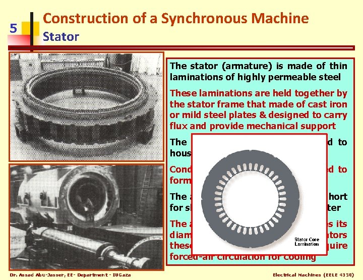 5 Construction of a Synchronous Machine Stator The stator (armature) is made of thin