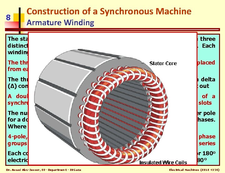 8 Construction of a Synchronous Machine Armature Winding The stators (armature) of synchronous generators