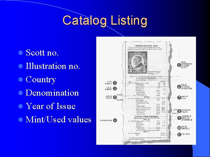 Catalog Listing l Scott no. l Illustration no. l Country l Denomination l Year