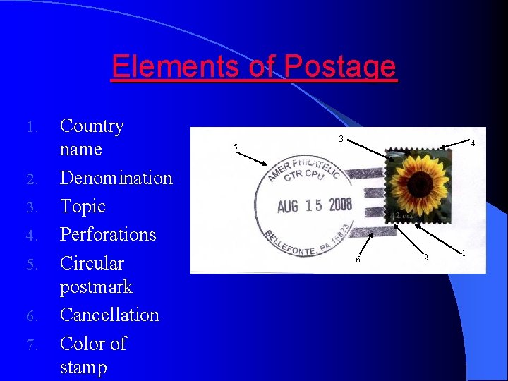 Elements of Postage 1. 2. 3. 4. 5. 6. 7. Country name Denomination Topic