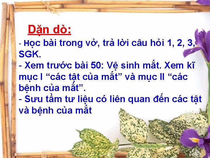 Dặn dò: - Học bài trong vở, trả lời câu hỏi 1, 2, 3,