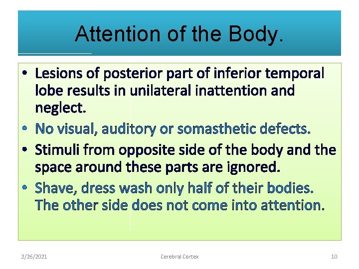 Attention of the Body. • Lesions of posterior part of inferior temporal lobe results