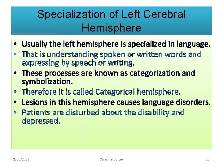 Specialization of Left Cerebral Hemisphere • Usually the left hemisphere is specialized in language.