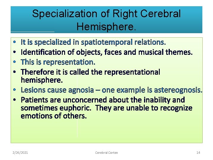 Specialization of Right Cerebral Hemisphere. It is specialized in spatiotemporal relations. Identification of objects,