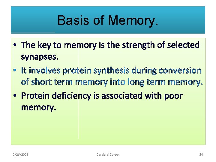 Basis of Memory. • The key to memory is the strength of selected synapses.
