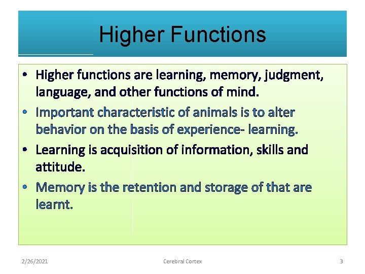 Higher Functions • Higher functions are learning, memory, judgment, language, and other functions of