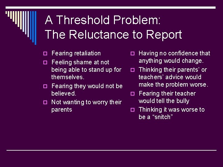 A Threshold Problem: The Reluctance to Report o Fearing retaliation o Having no confidence