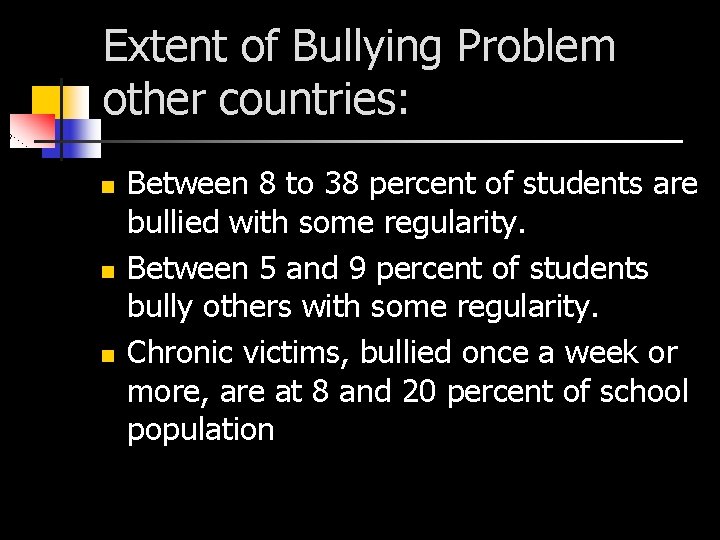 Extent of Bullying Problem other countries: n n n Between 8 to 38 percent