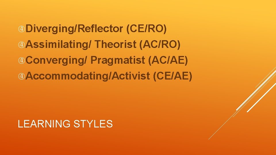  Diverging/Reflector (CE/RO) Assimilating/ Theorist (AC/RO) Converging/ Pragmatist (AC/AE) Accommodating/Activist (CE/AE) LEARNING STYLES 