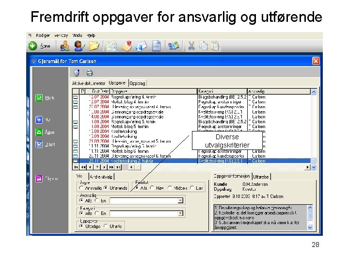 Fremdrift oppgaver for ansvarlig og utførende Diverse utvalgskriterier 28 