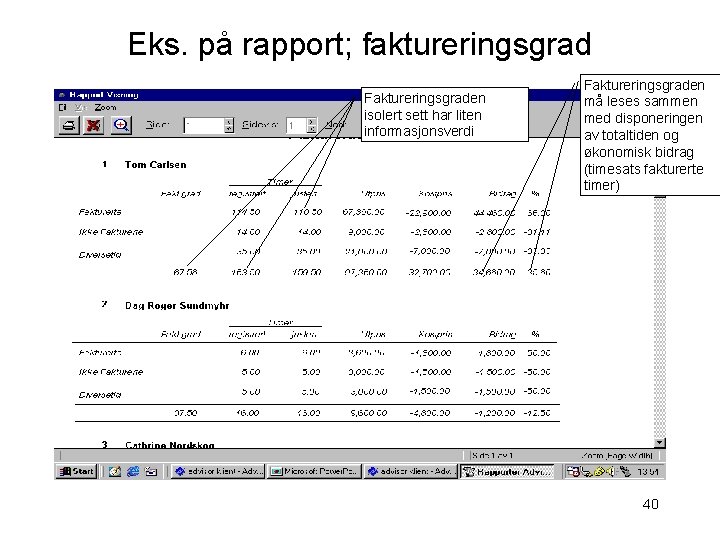 Eks. på rapport; faktureringsgrad Faktureringsgraden isolert sett har liten informasjonsverdi Faktureringsgraden må leses sammen