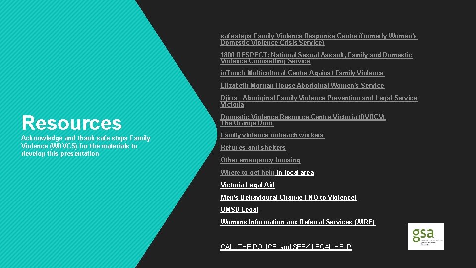 safe steps Family Violence Response Centre (formerly Women's Domestic Violence Crisis Service) 1800 RESPECT: