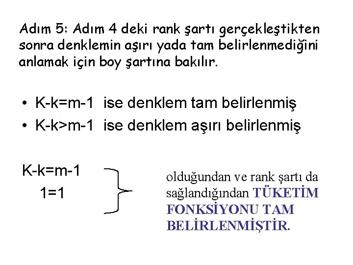 Adım 5: Adım 4 deki rank şartı gerçekleştikten sonra denklemin aşırı yada tam belirlenmediğini