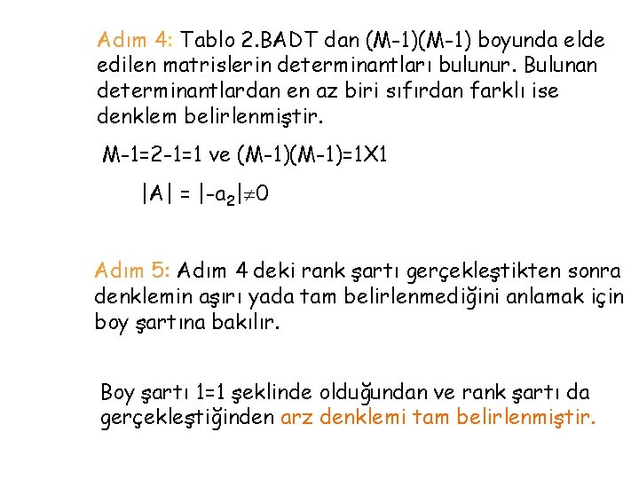 Adım 4: Tablo 2. BADT dan (M-1) boyunda elde edilen matrislerin determinantları bulunur. Bulunan