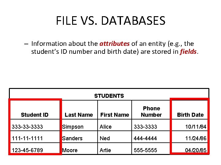 FILE VS. DATABASES – Information about the attributes of an entity (e. g. ,