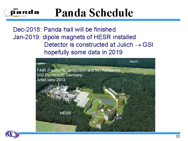 Panda Schedule Dec-2018: Panda hall will be finished Jan-2019: dipole magnets of HESR installed